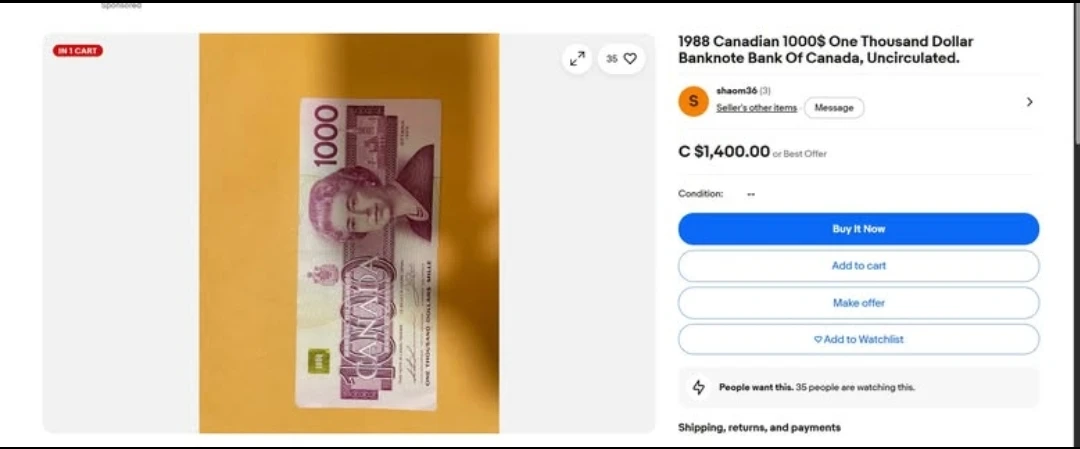 1988 Canadian $1000 Banknote - photo 3