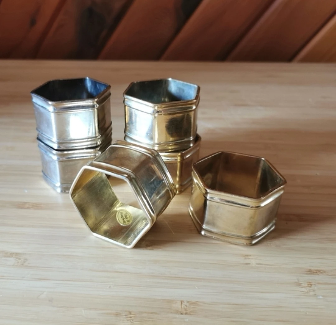 Vintage Brass Hexagonal Napkin Rings Set of 6