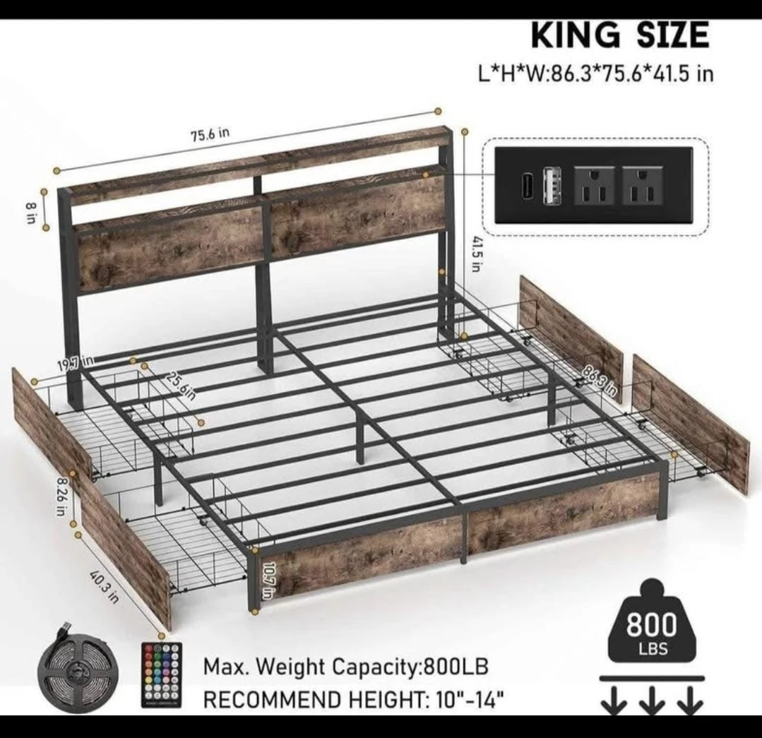 Smart RGB LED King Size Bed Frame with Storage