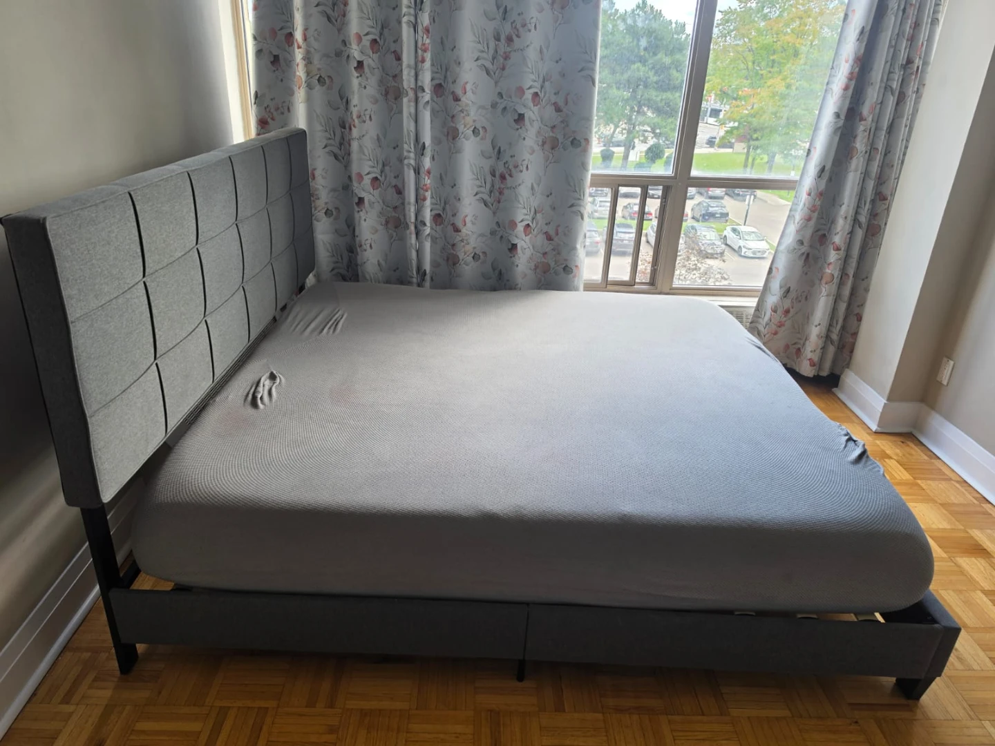 Grey Upholstered Bed Frame and mattress