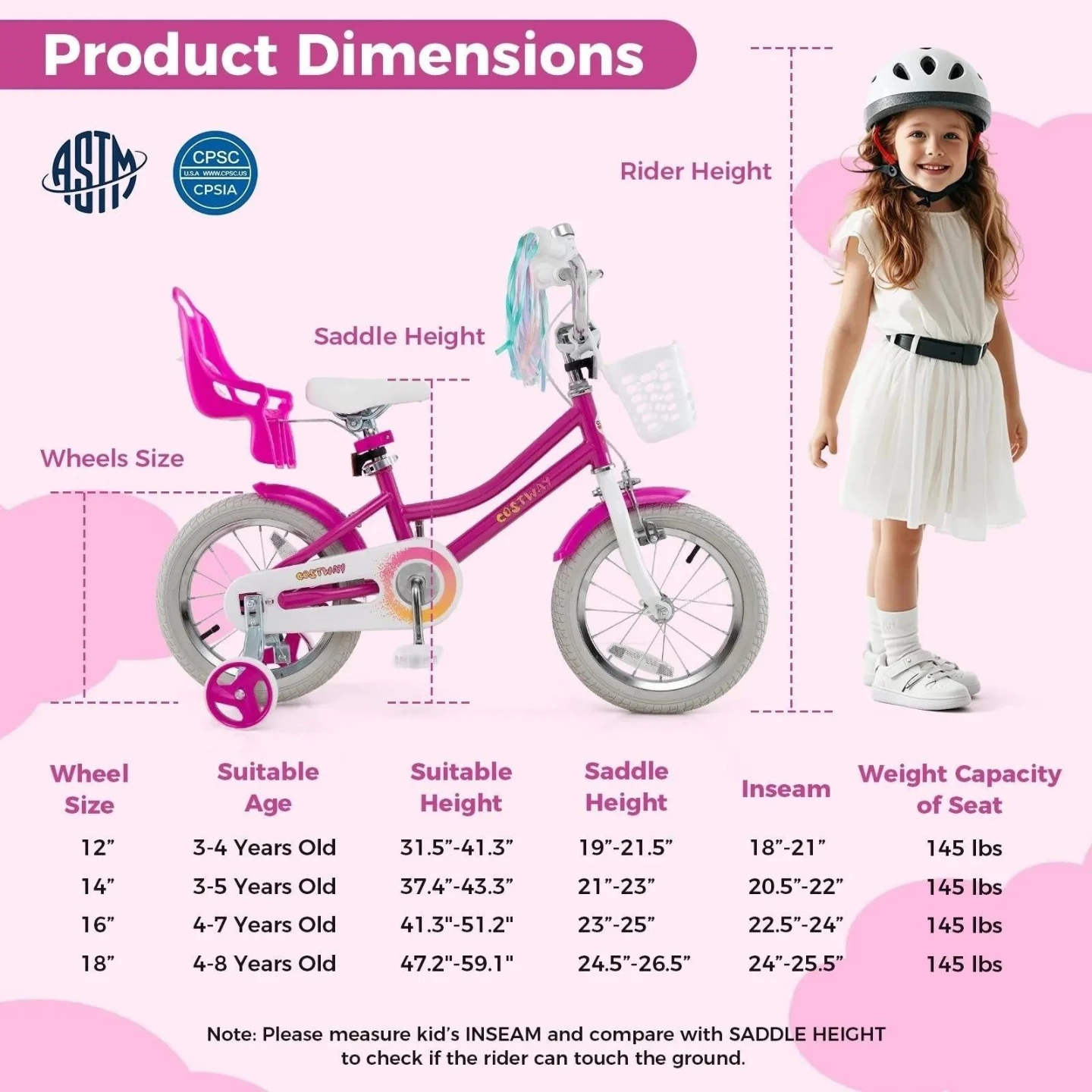 Kids' Pink Bicycle with Basket and Doll Seat - photo 3