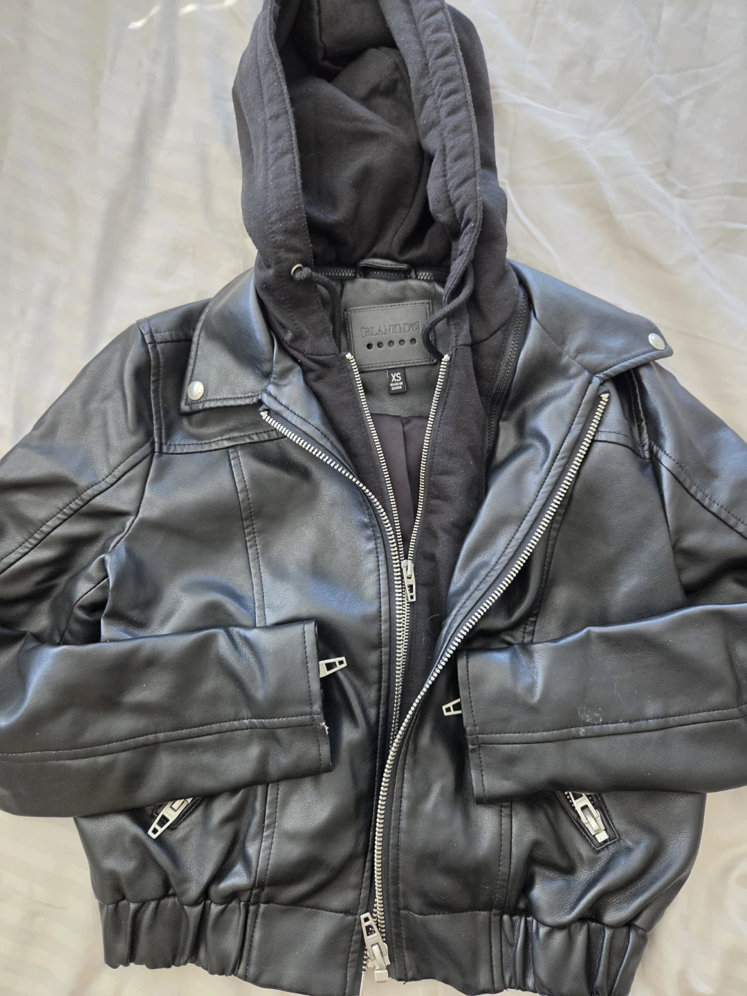 BLANKNYC Black Faux Leather Jacket with Hoodie