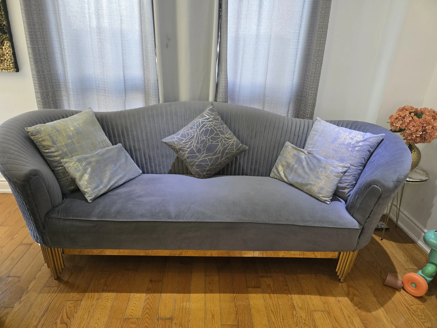 Grey Velvet Sofa with Gold Accents
