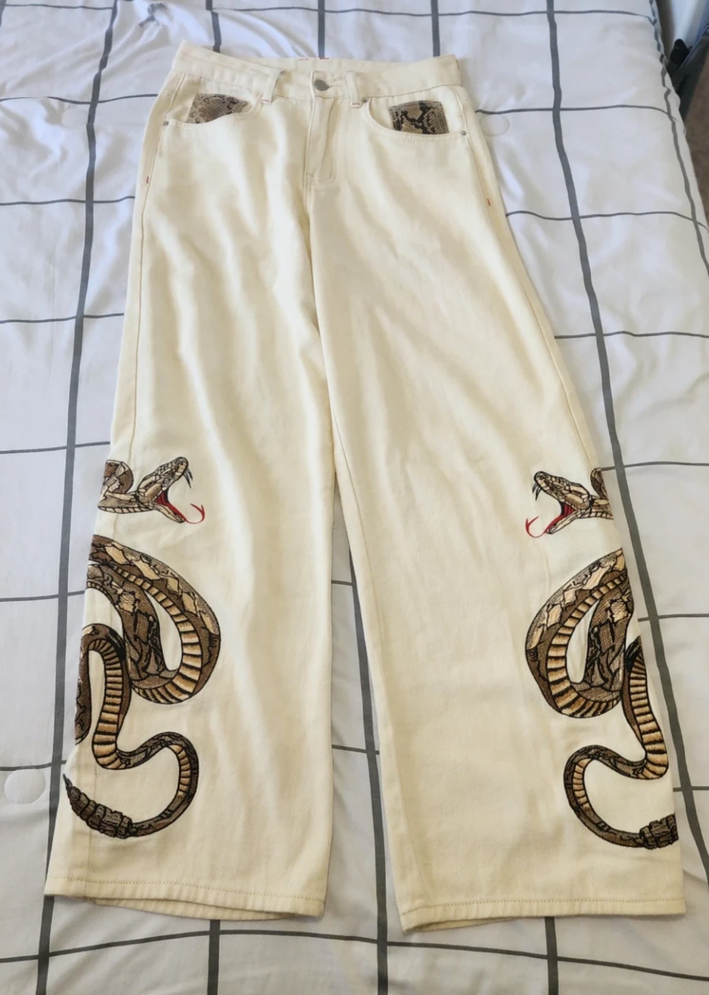 Cream snake print embroidered trousers