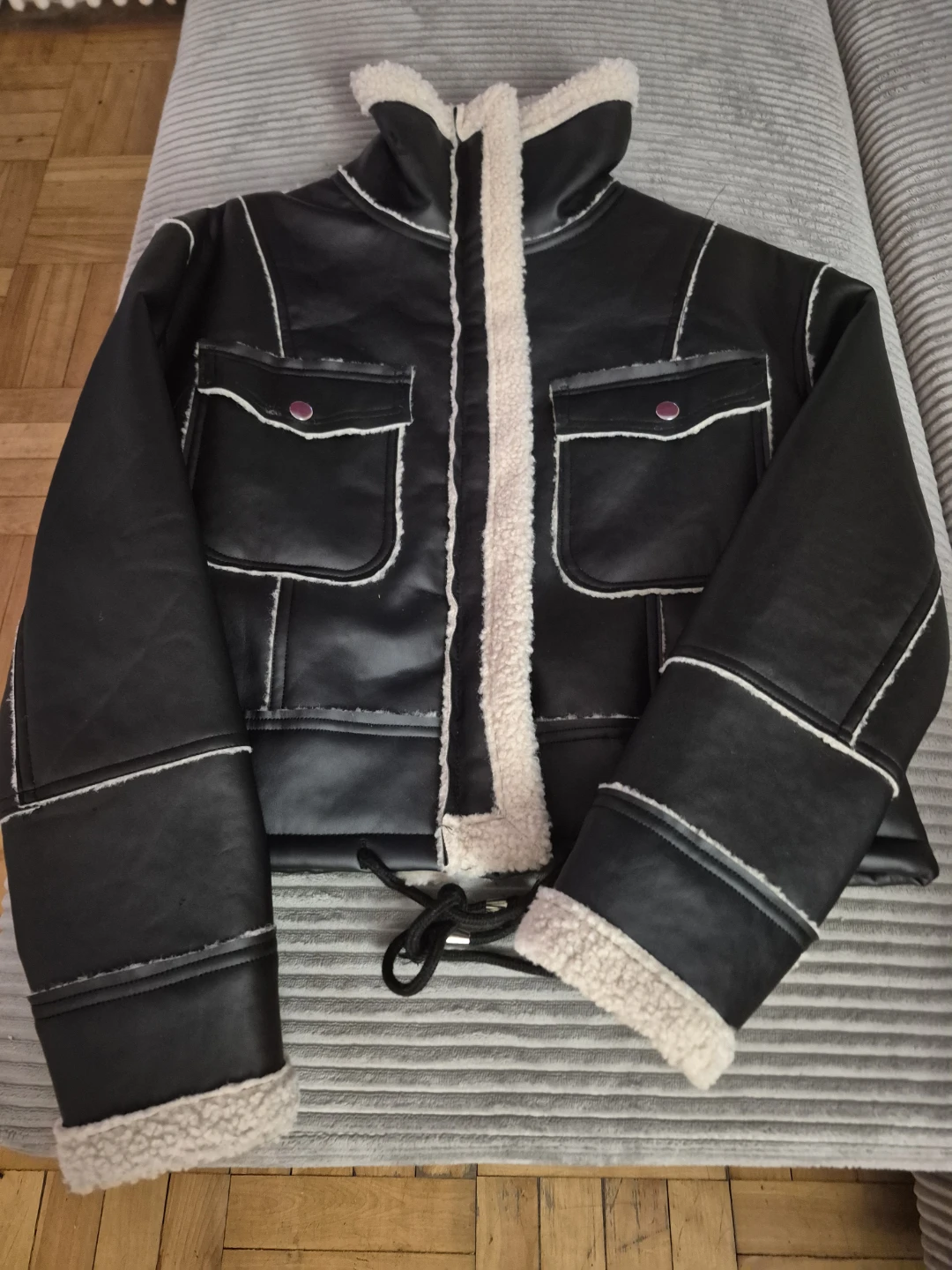 BN)Black Small Faux Leather Sherpa Jacket - photo 4