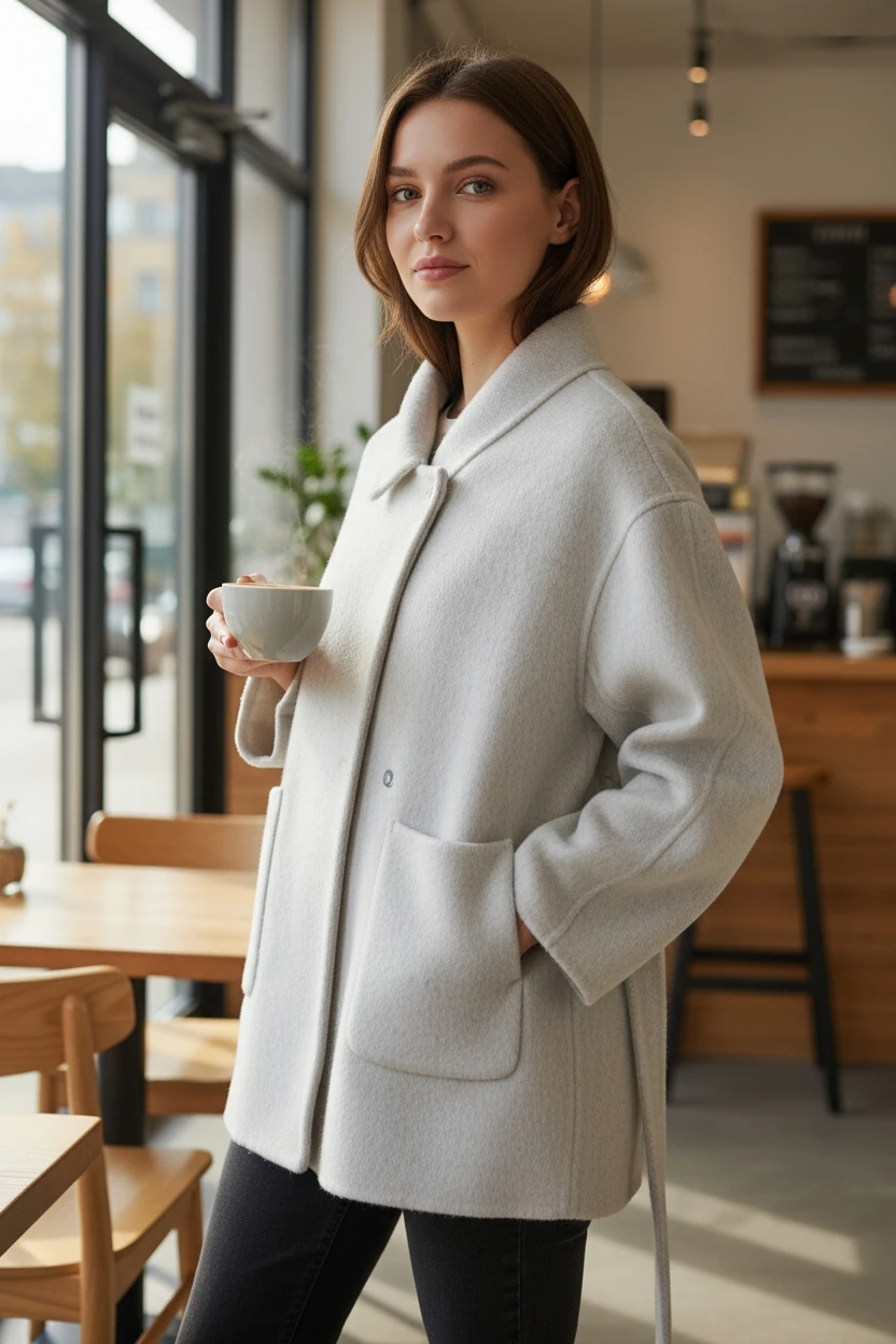 Light Grey Wool-Blend Belted Coat - photo 2