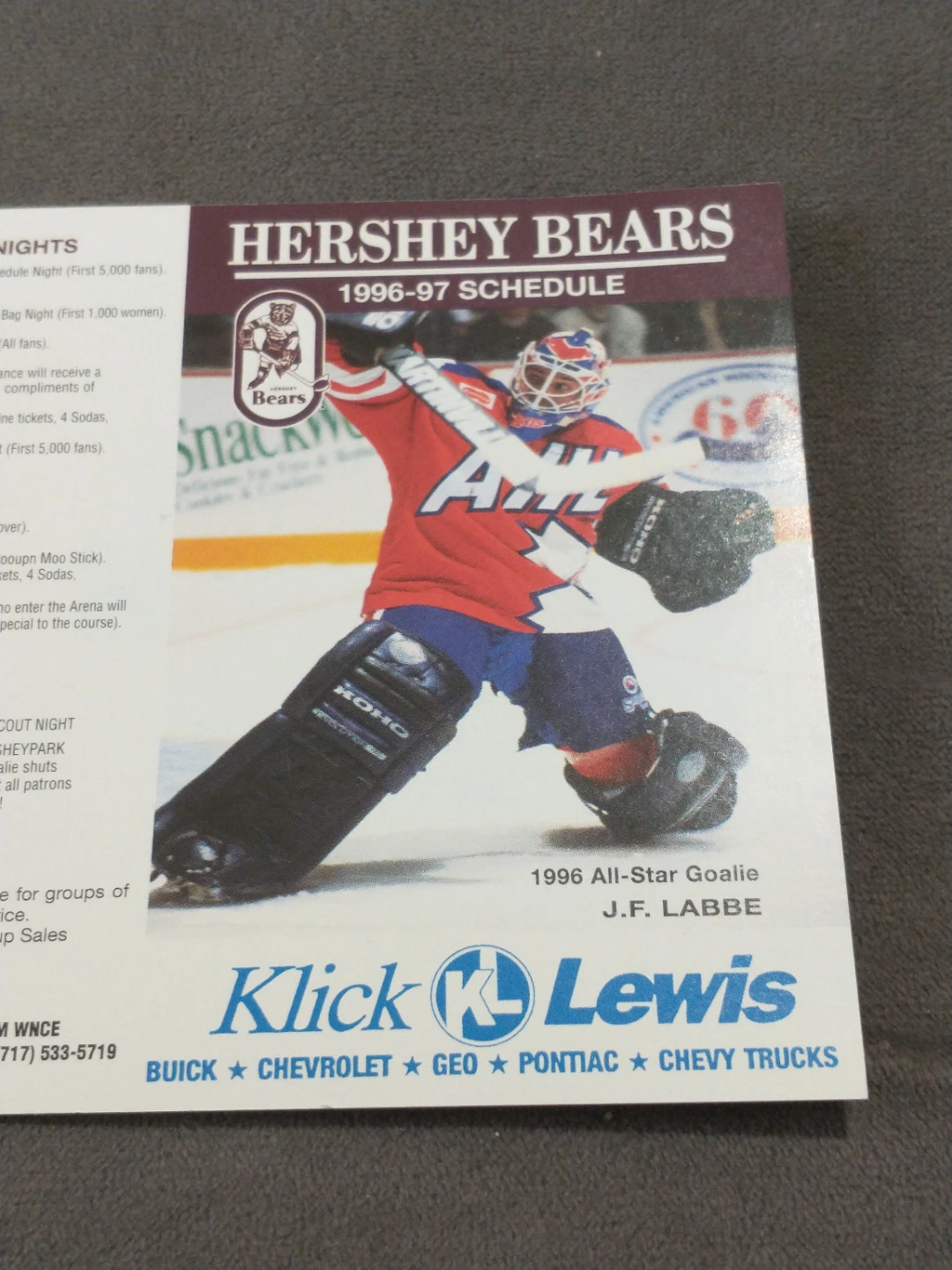 AHL Hershey Bears 1996-97 Pocket Schedule