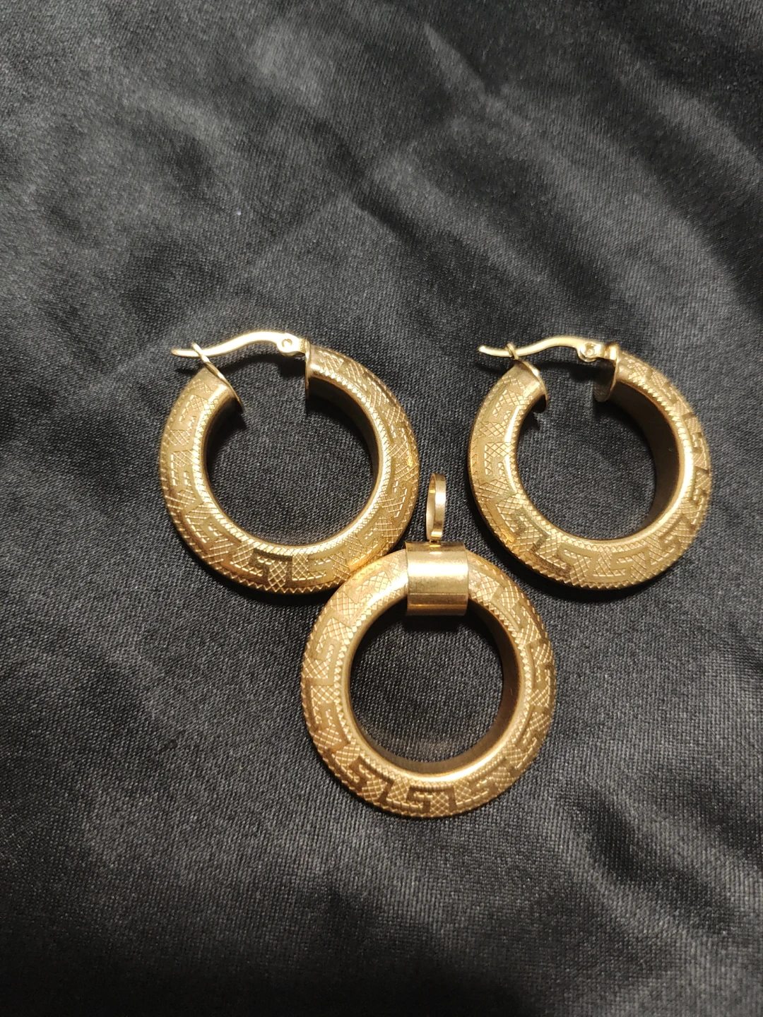Gold-Tone Greek Key Hoop Earrings and Matching Pendant