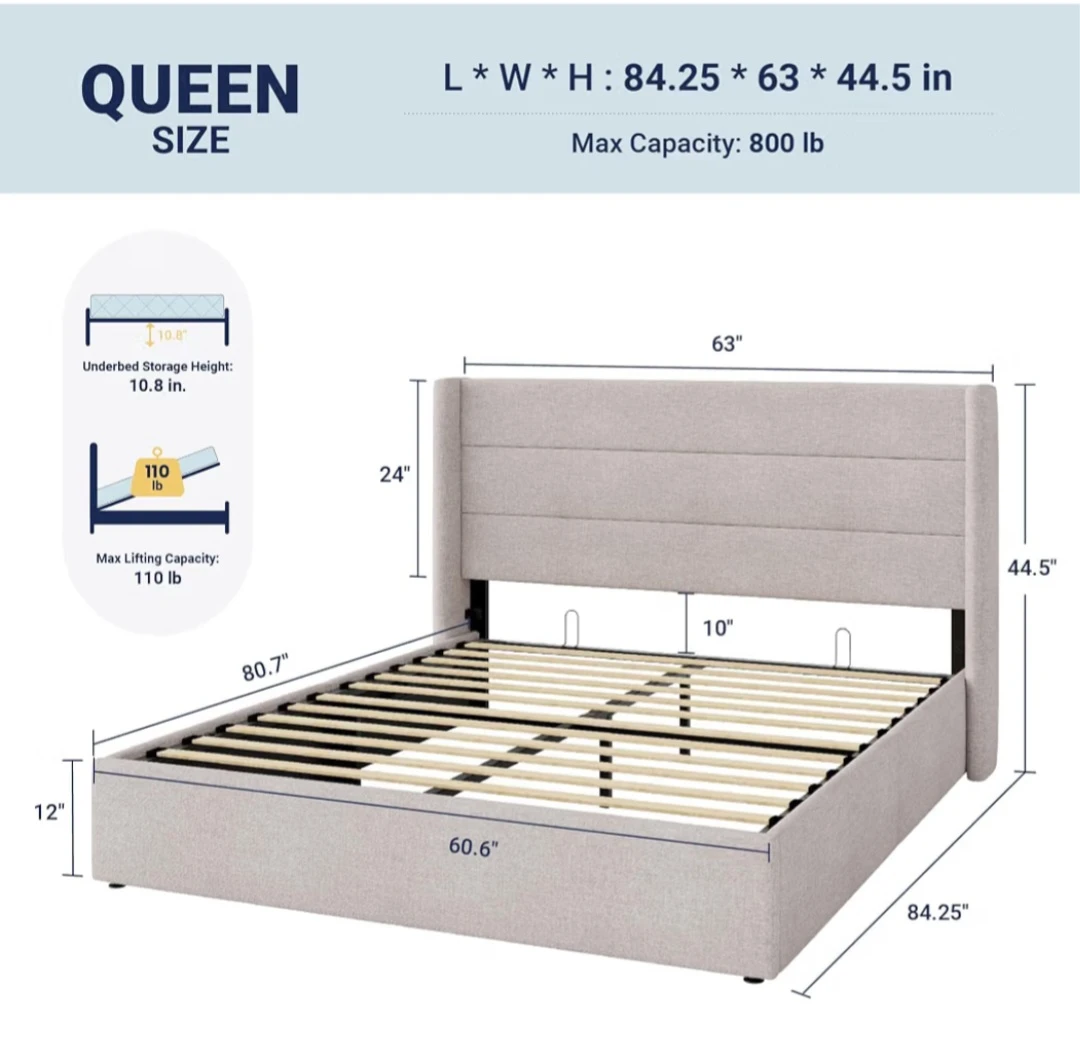 Queen Size Lift Up Hydraulic Storage Bed Frame Light Beige - photo 2