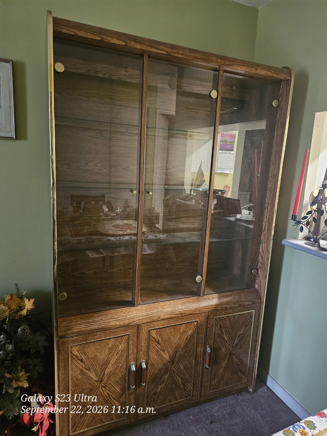 Oak Finish China Cabinet with Glass Doors