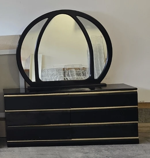 Elegant Black & Gold Bedroom Set with Oversized Ornate Mirrorr