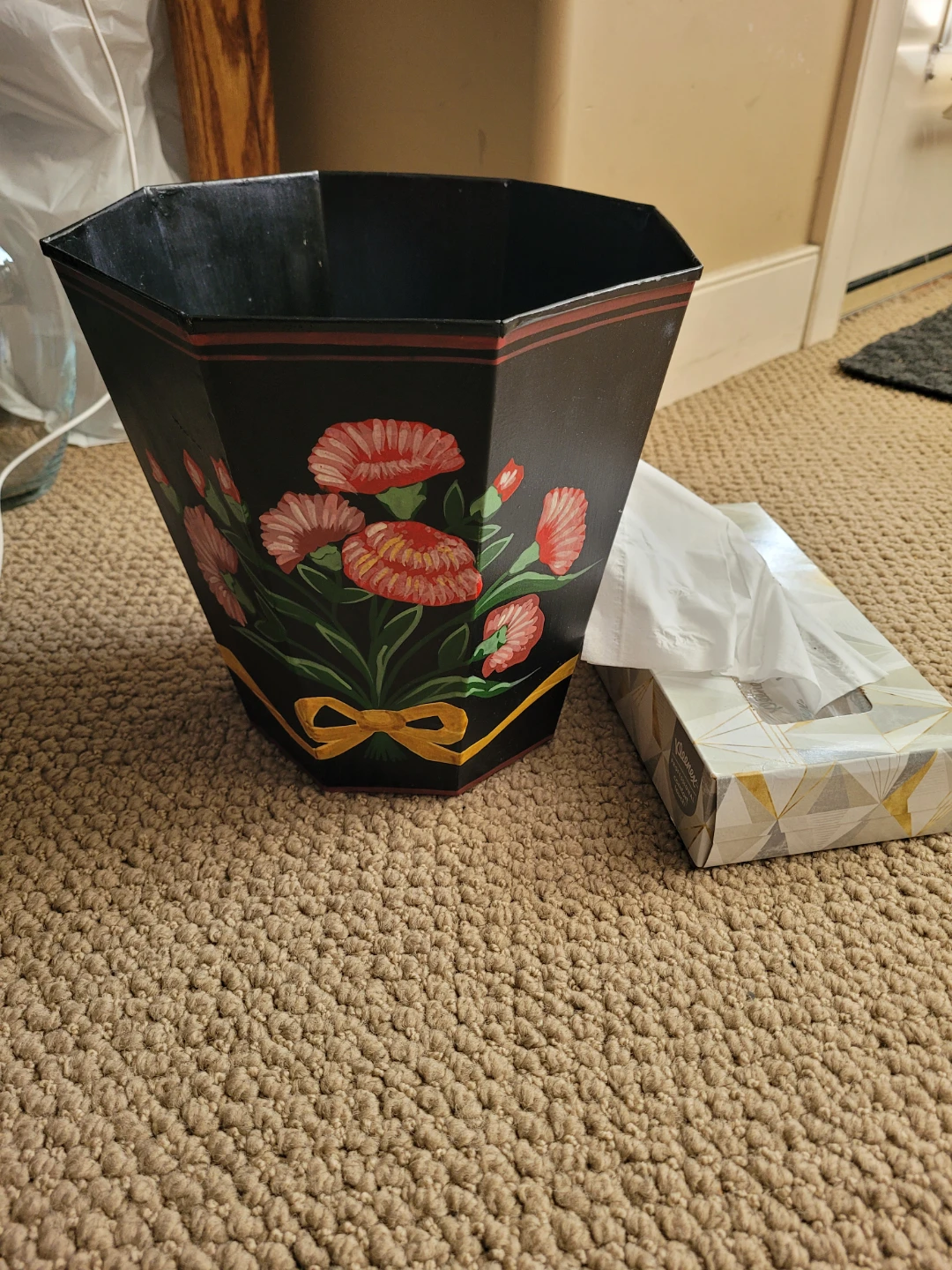 Hand-painted metal floral bin