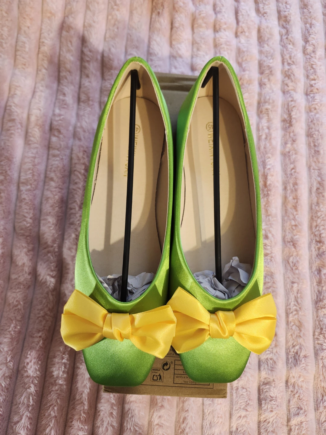 Satin Green Flats with Yellow Bows