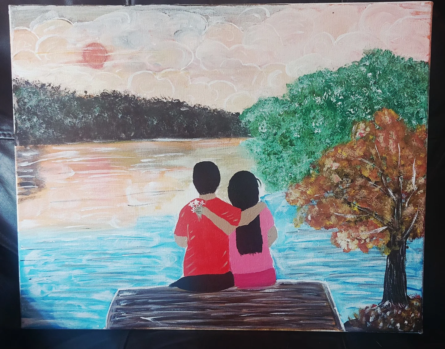 Hand-painted Canvas Art of Couple by the Lake