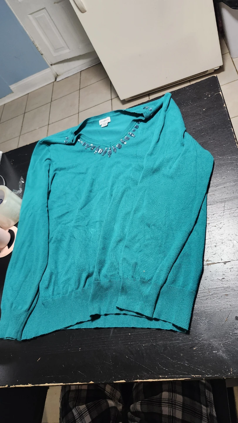 Christopher & Banks Teal Embellished V-Neck Sweater