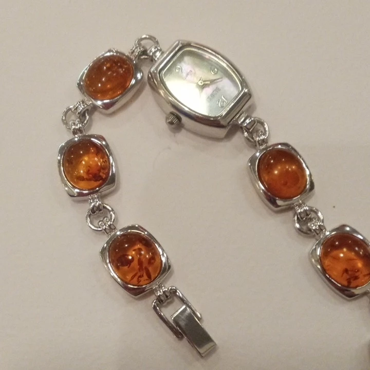 Vintage Badavici Watch With Amber Lucite Cabochons Silvertone - photo 2