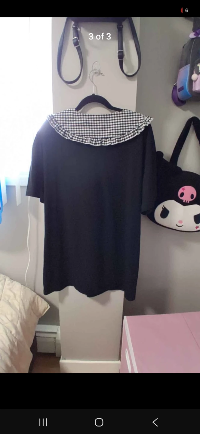 Black T-Shirt dress with Angel Bear Graphic and Gingham Collar - photo 3