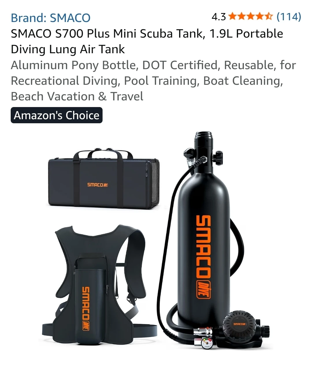 SMACO S700 Plus Mini Scuba Tank 1.9L