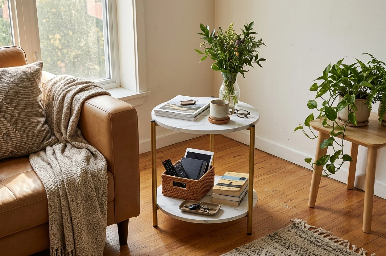 (NEW) Two-Tier Round Side Table with Marble Finish - photo 2