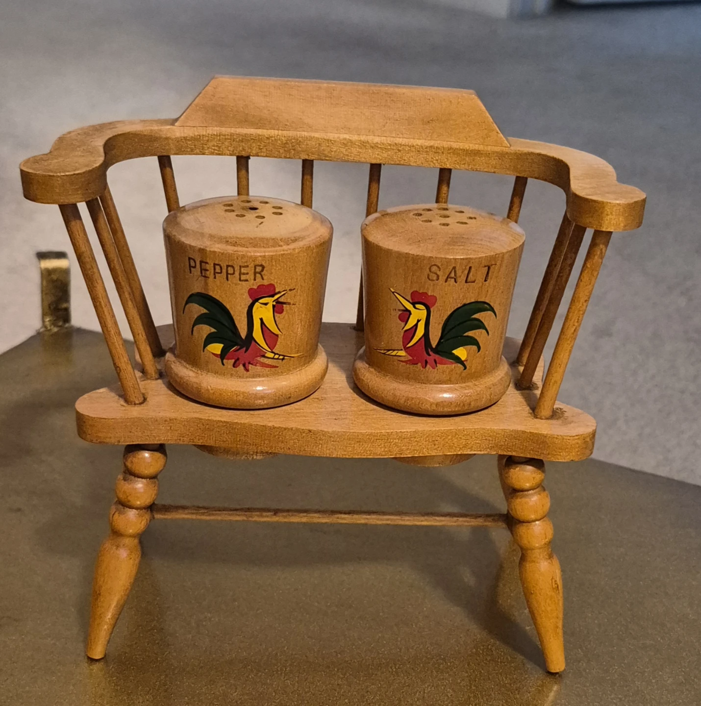 Vintage Wooden Rooster Salt and Pepper Shakers with Bench
