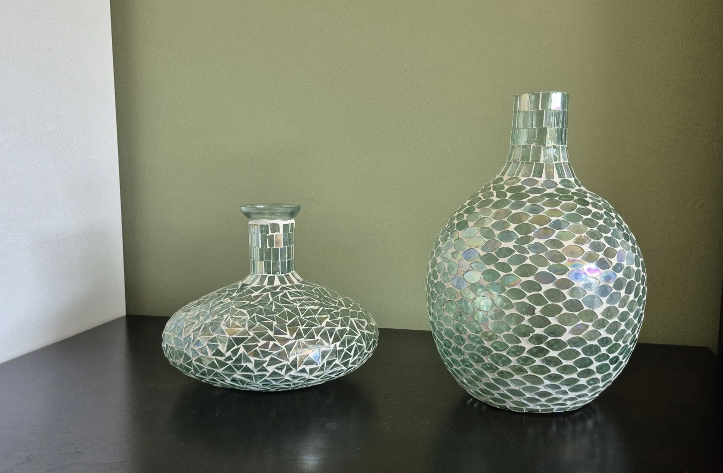Two Green Mosaic Glass Vases