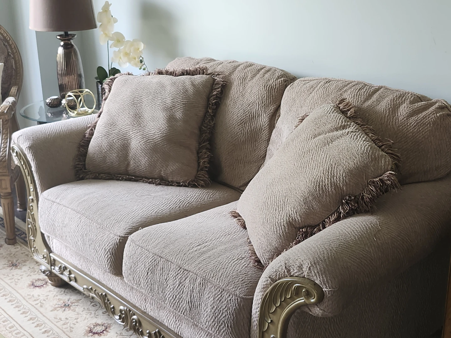 2 Beige Traditional Sofa with Ornate Wood Trim