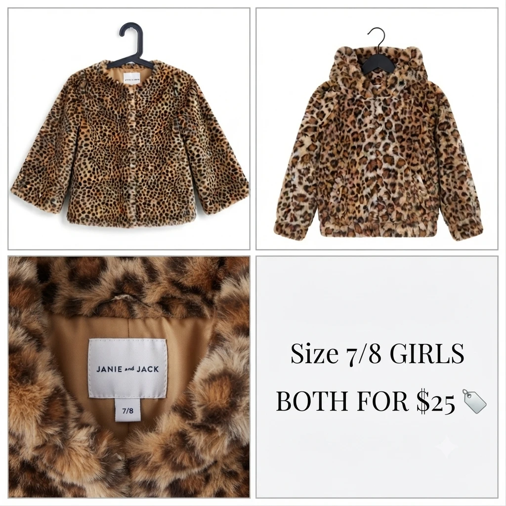 Girls Leopard Faux Fur Coats Bundle - Size 7/8 (Set of 2) 🏈