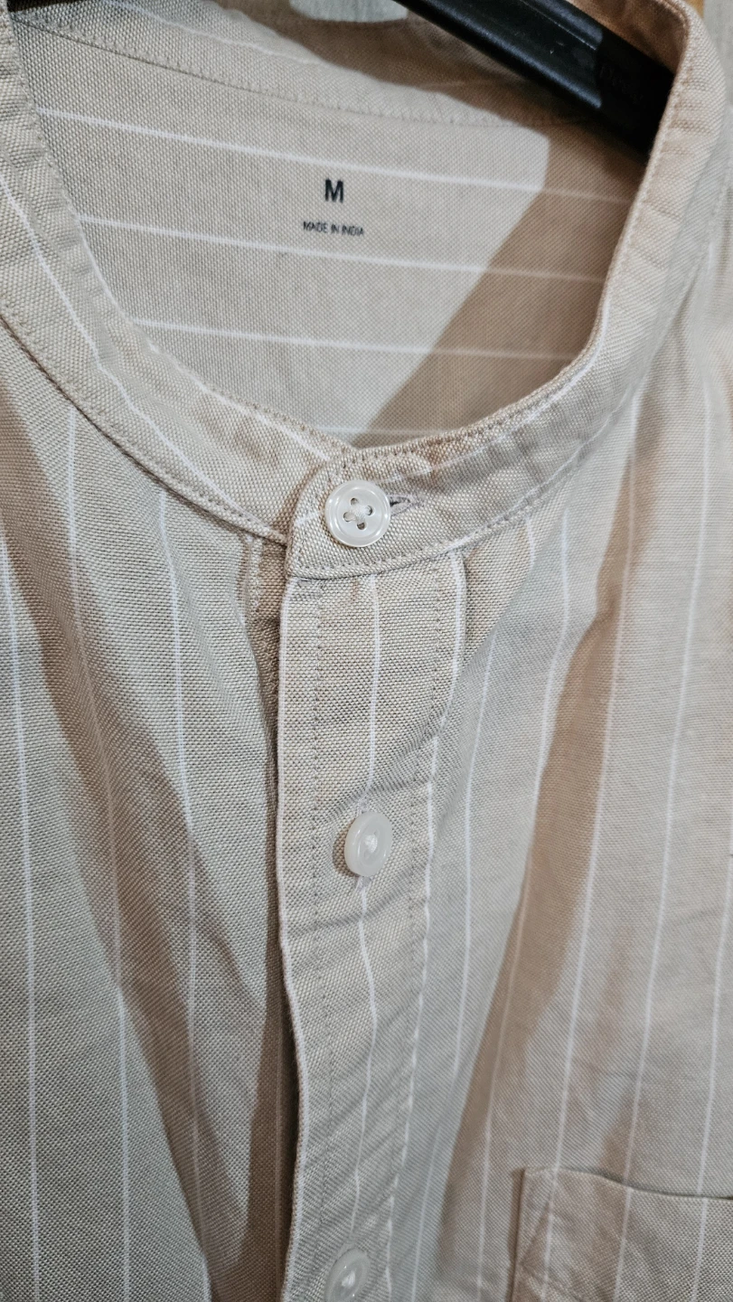 Muji Men's Beige Striped Mandarin Collar Button-Up Shirt