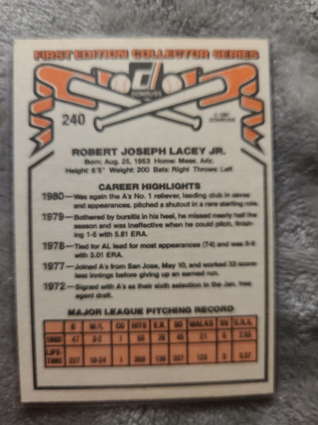 1981 Donruss Bob Lacey Oakland A's Baseball Card - photo 2