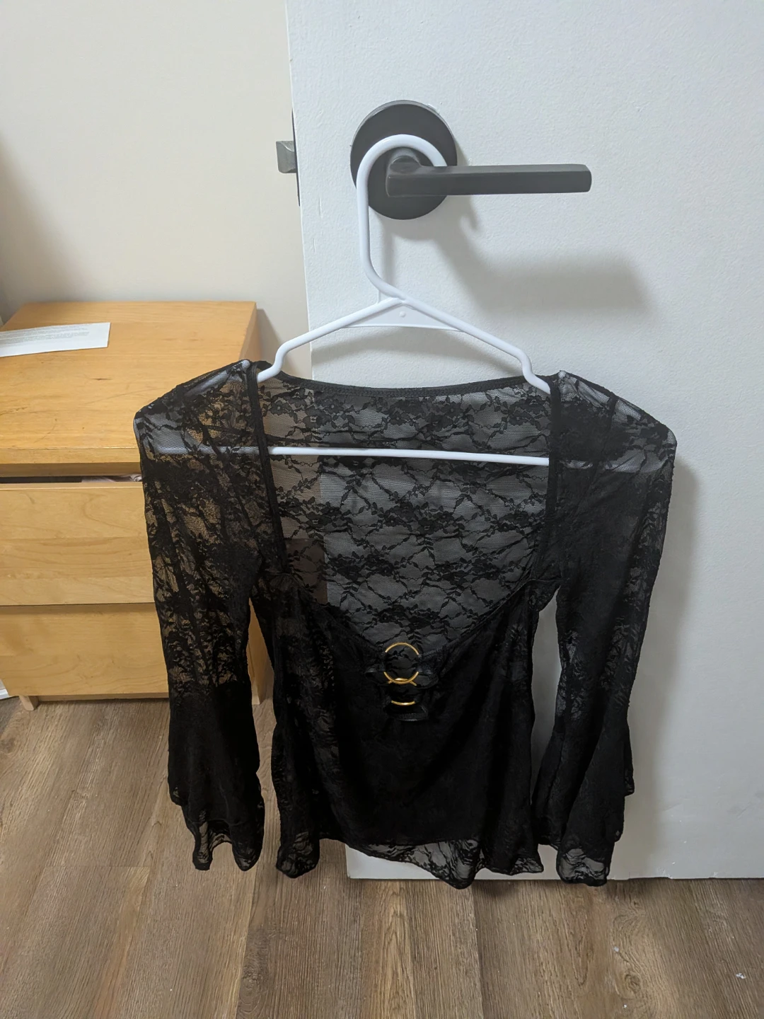 Black lace top with gold ring detail