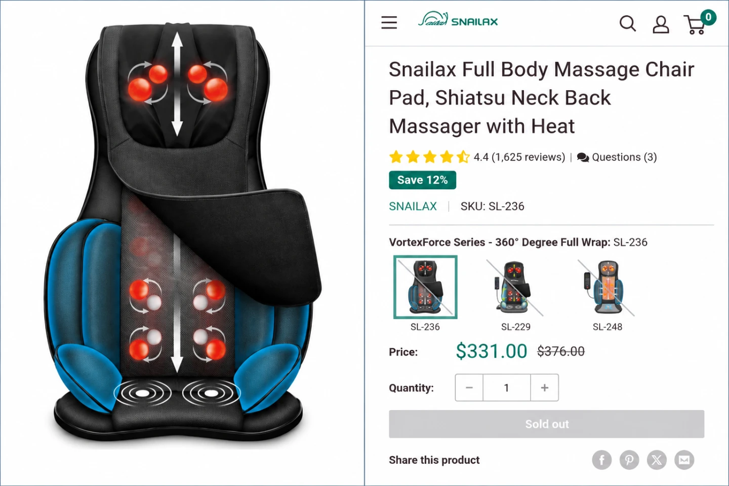 Snailax Full Body Massage Chair Pad