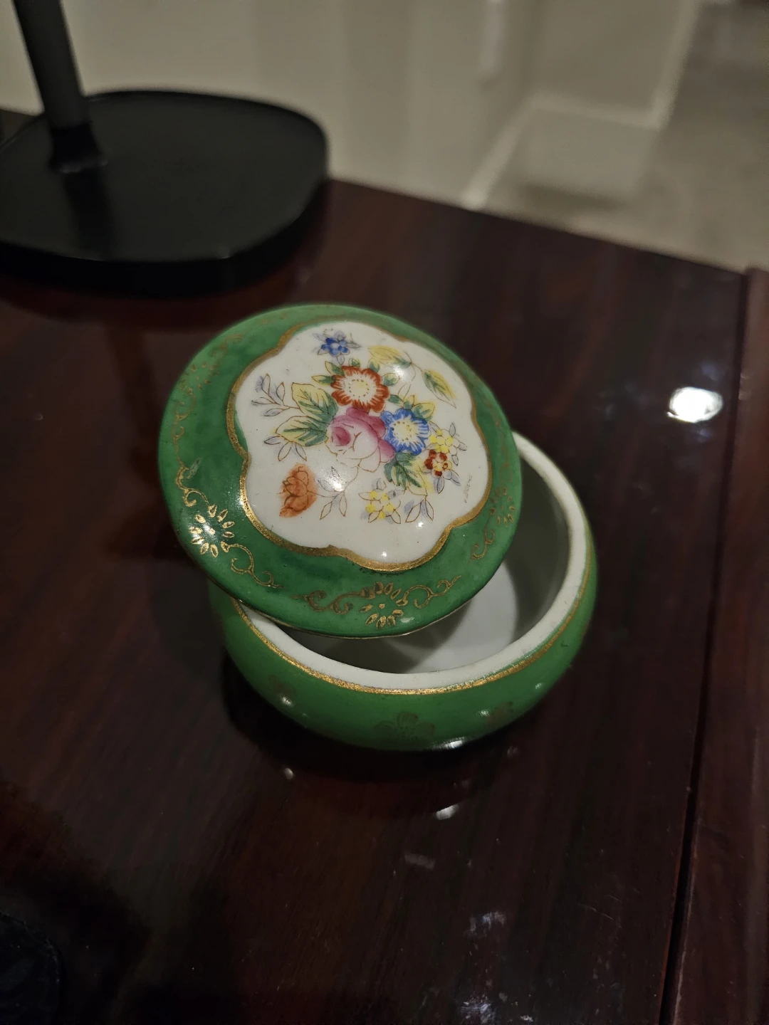 Vintage Green Floral Porcelain Trinket Box