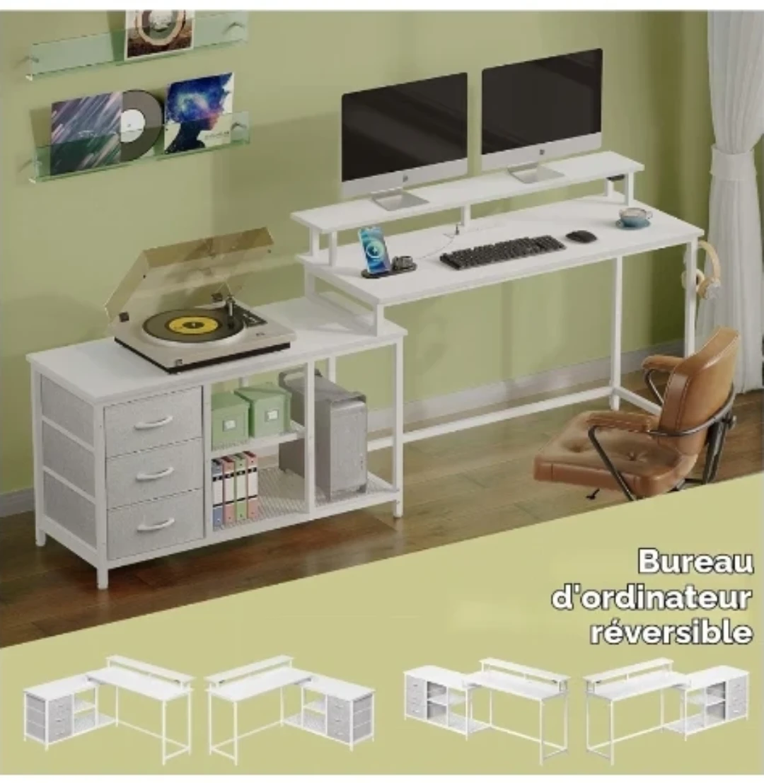 Reversible L-Shaped Computer Desk with Drawers - photo 3