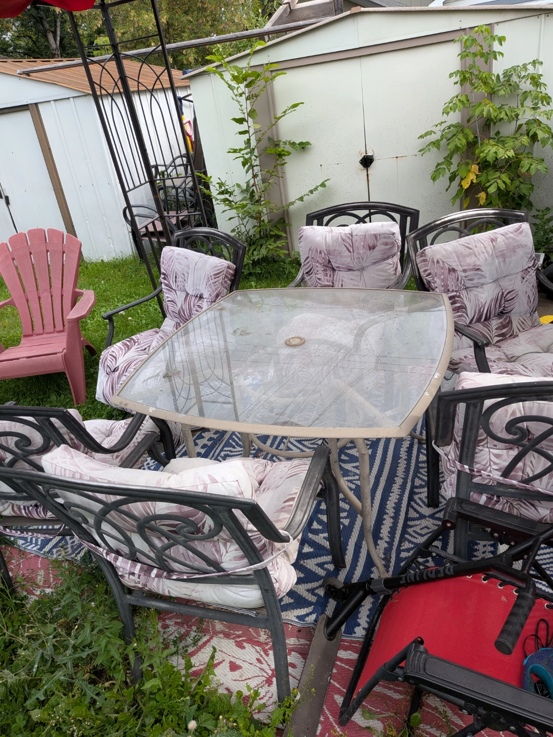 Glass Top Patio Dining Set with 6 cast iron Chairs