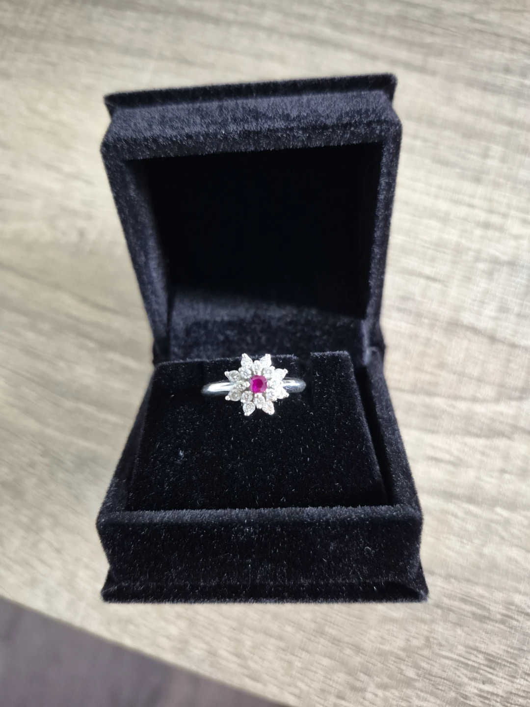 14K White Gold Ring with Ruby Center and Diamonds Surrounding