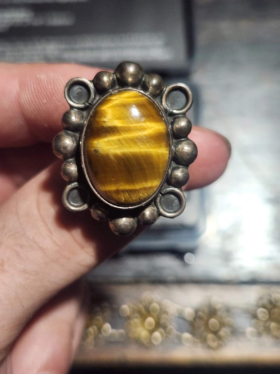 Vintage Mexico .925 Silver Tiger Eye Clip-on Earrings/ring set
