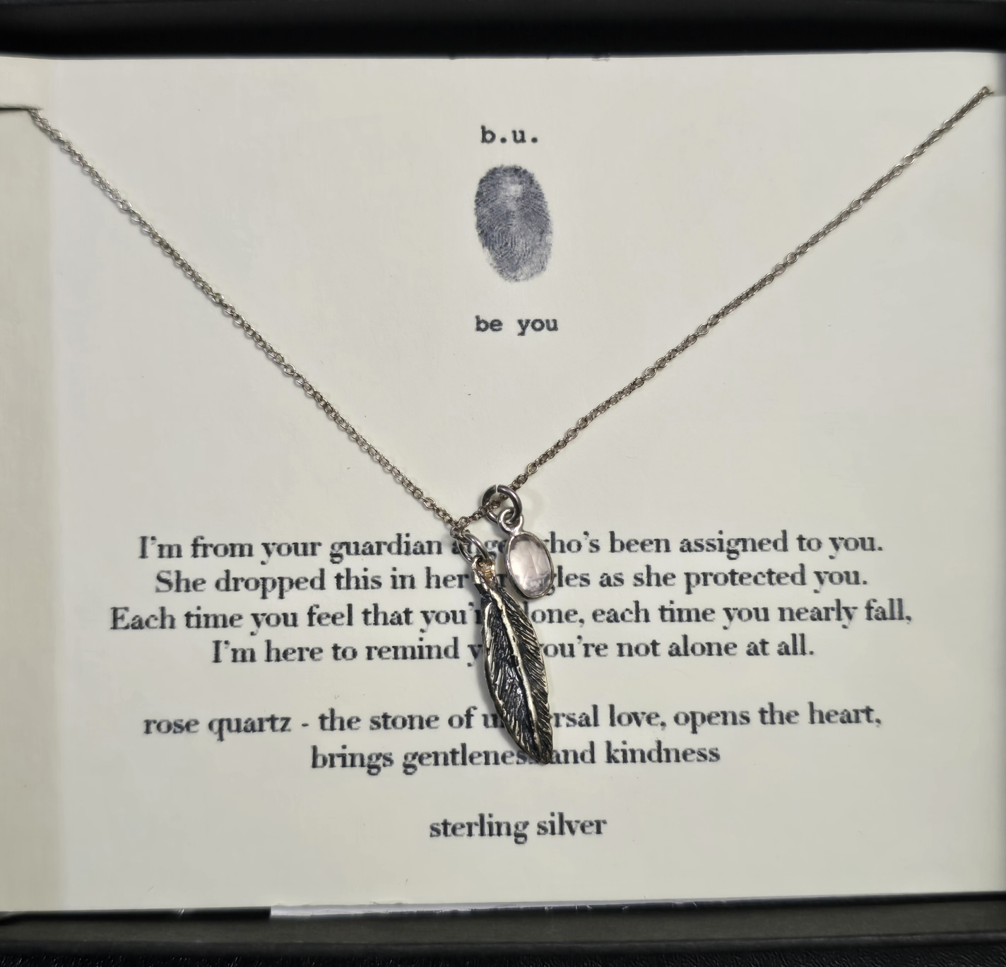 b.u. Sterling Silver Feather and Rose Quartz Necklace
