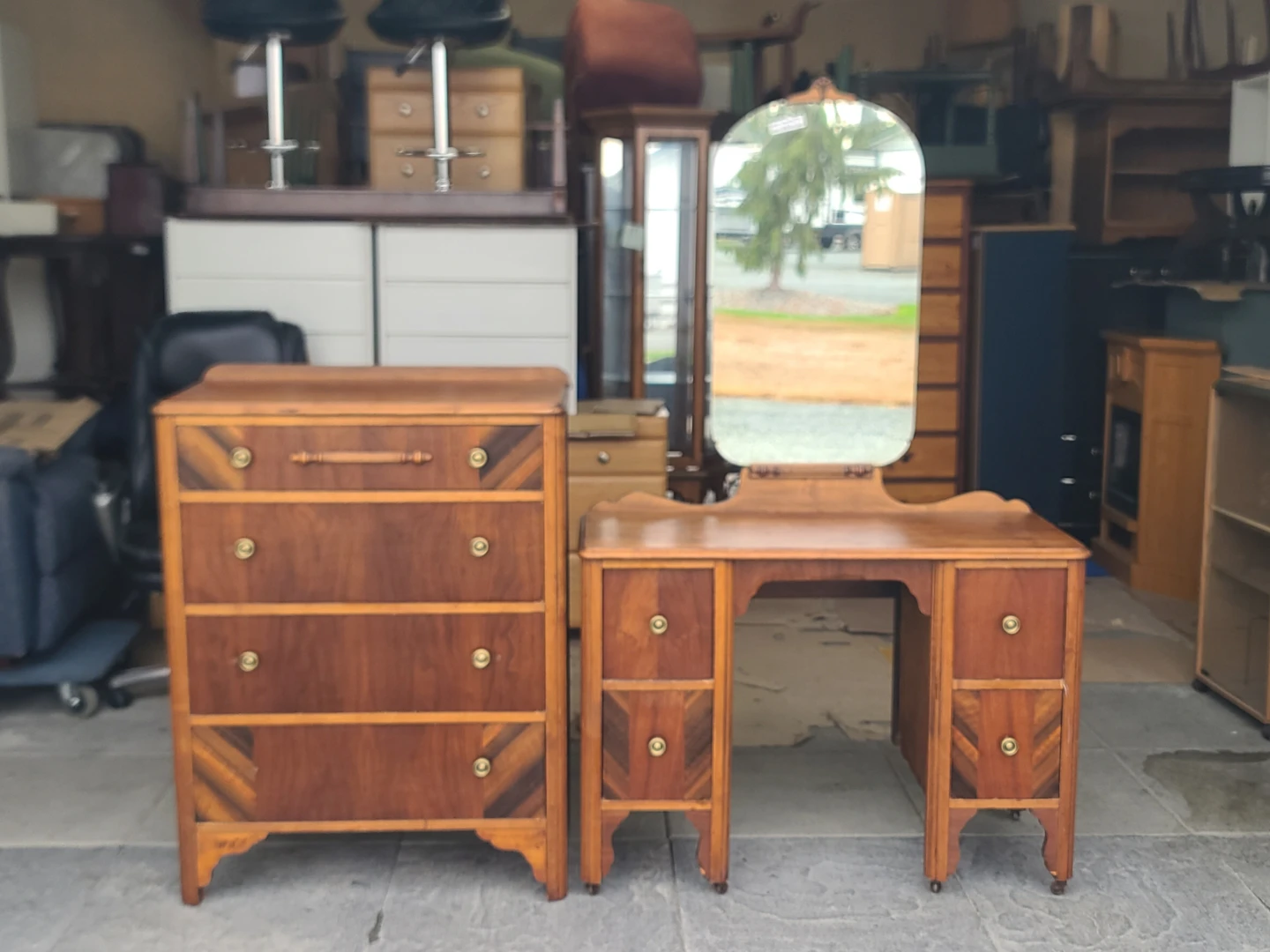 Vintage Wooden Dresser and Vanity Set