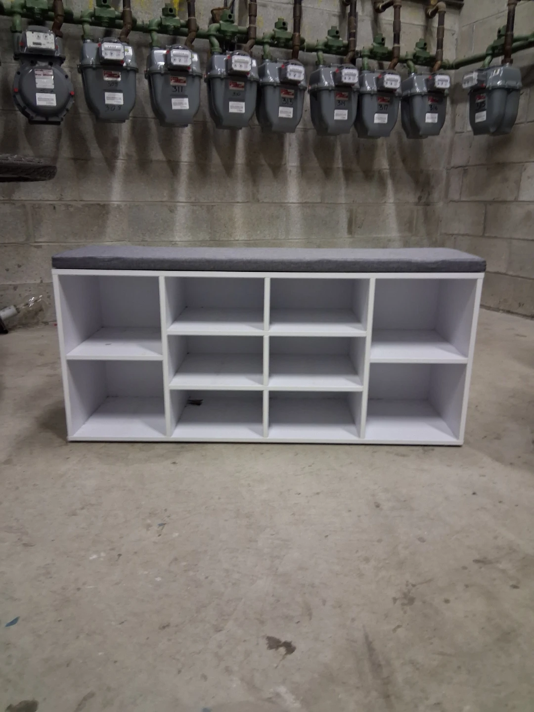 White Storage Bench with Gray Cushion