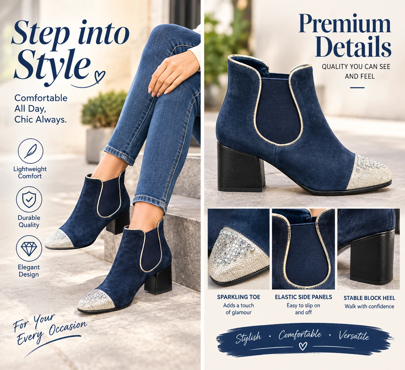 Women's Navy Blue Leather Ankle Boots – Crystal Toe, US 7