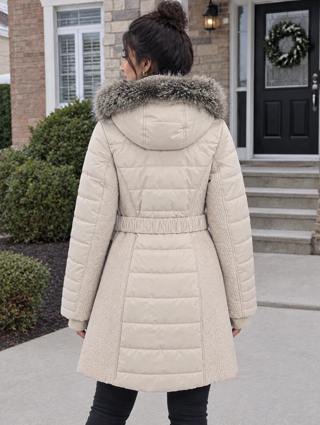 Cream Puffer Coat with Faux Fur Hood - photo 2