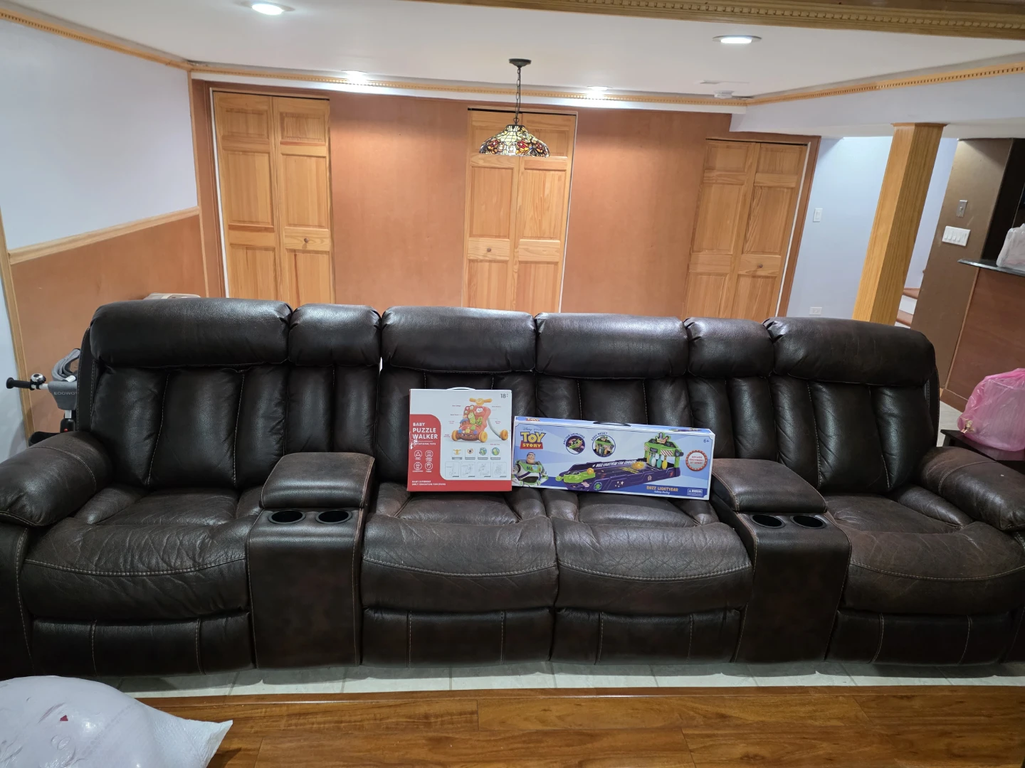 Dark Brown Leather Reclining Sofa and grey sofa comebed - photo 3
