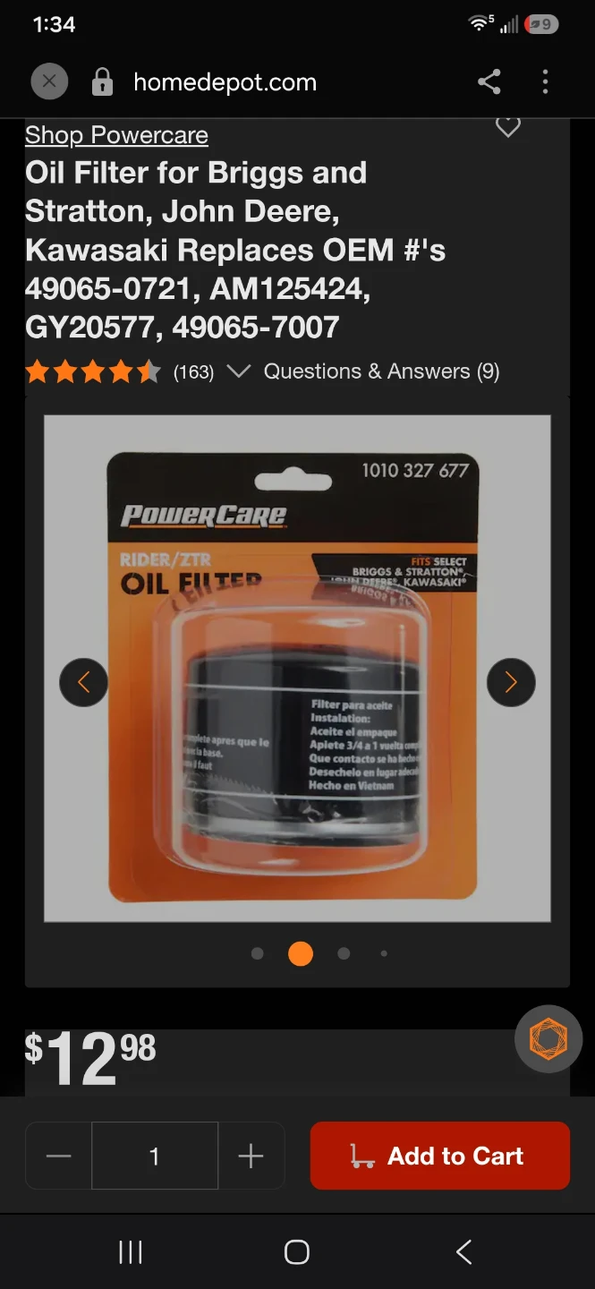 PowerCare Rider/ZTR Oil Filter