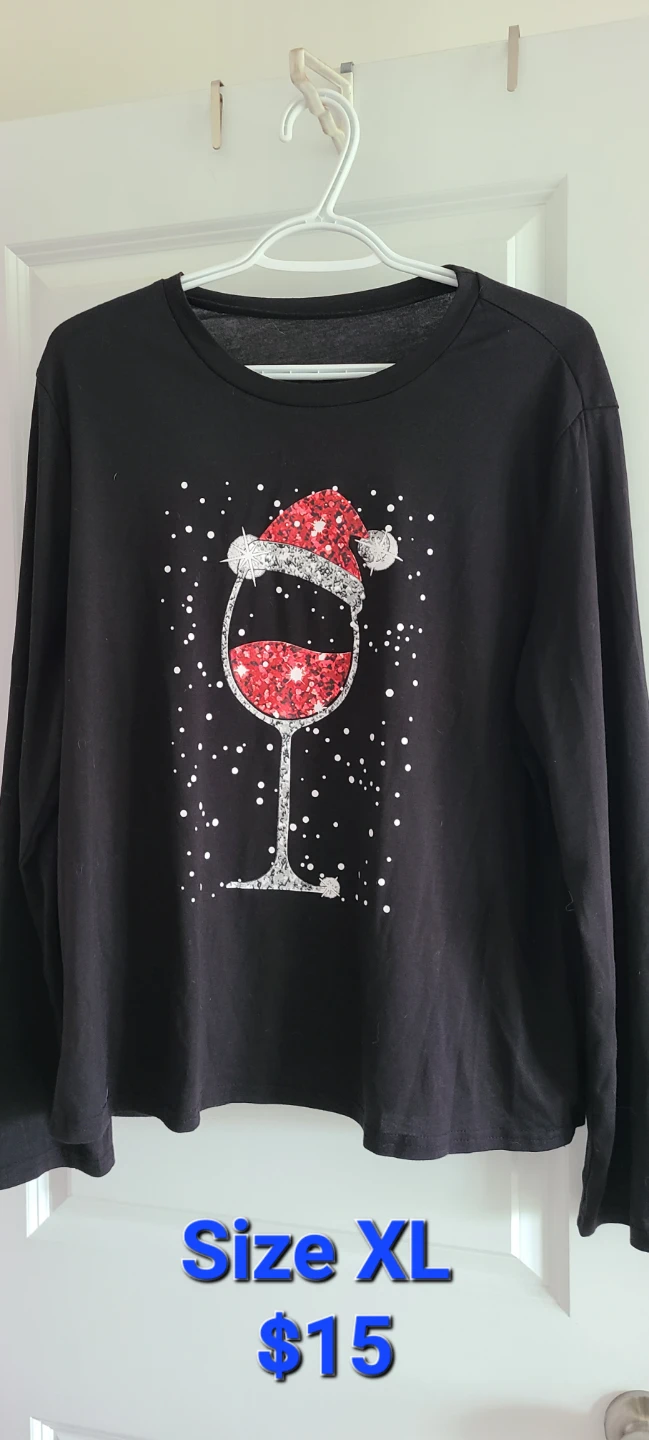 Black long-sleeve Christmas wine glass shirt
