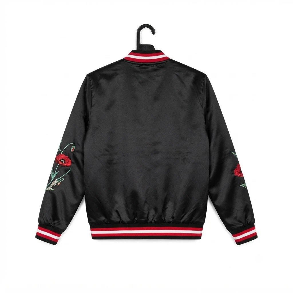 La Babité Black Satin Bomber Jacket with Red Floral Embroidery - photo 2