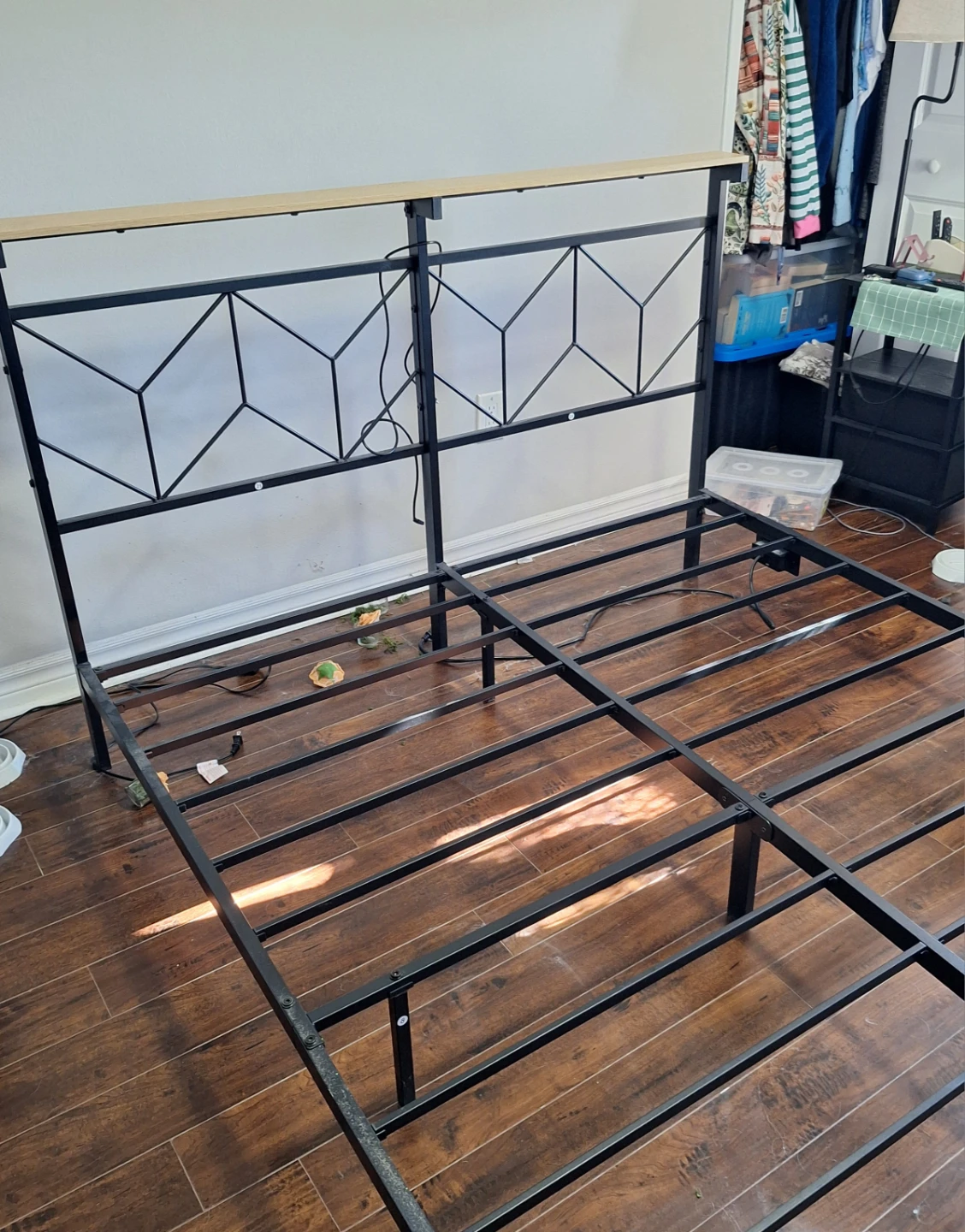 Metal Queen Bed Frame with Wood Shelf Headboard - photo 2