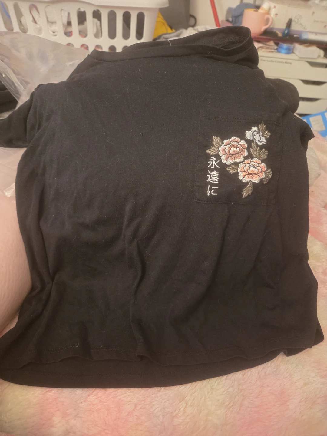 Black floral embroidered pocket t-shirt