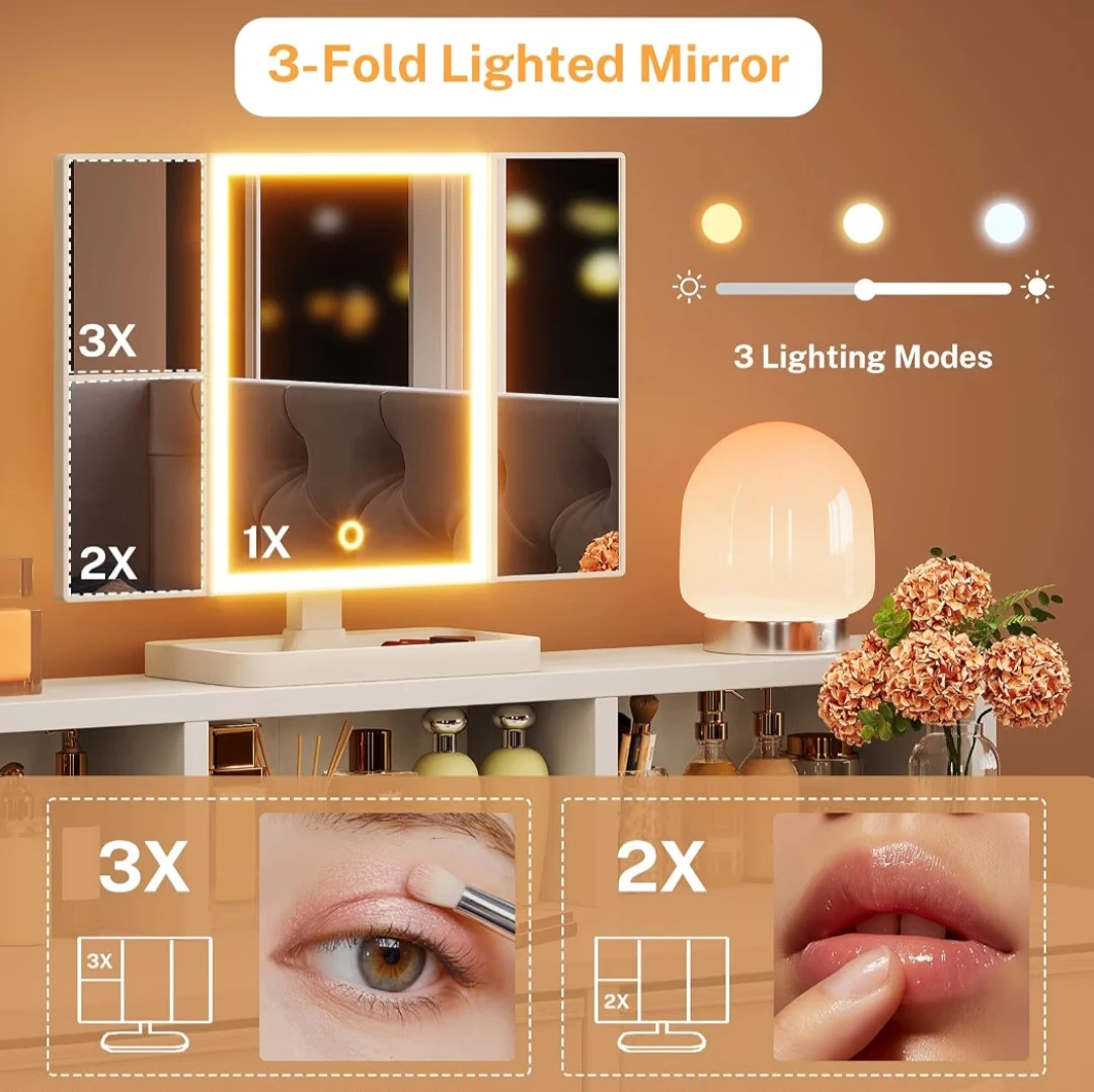 Makeup Vanity Desk With Tri‑Fold Lighted Mirror - photo 4