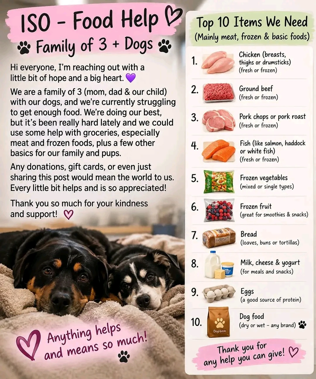 💜 ISO: Food & Grocery Help for Family + Dogs 🐾