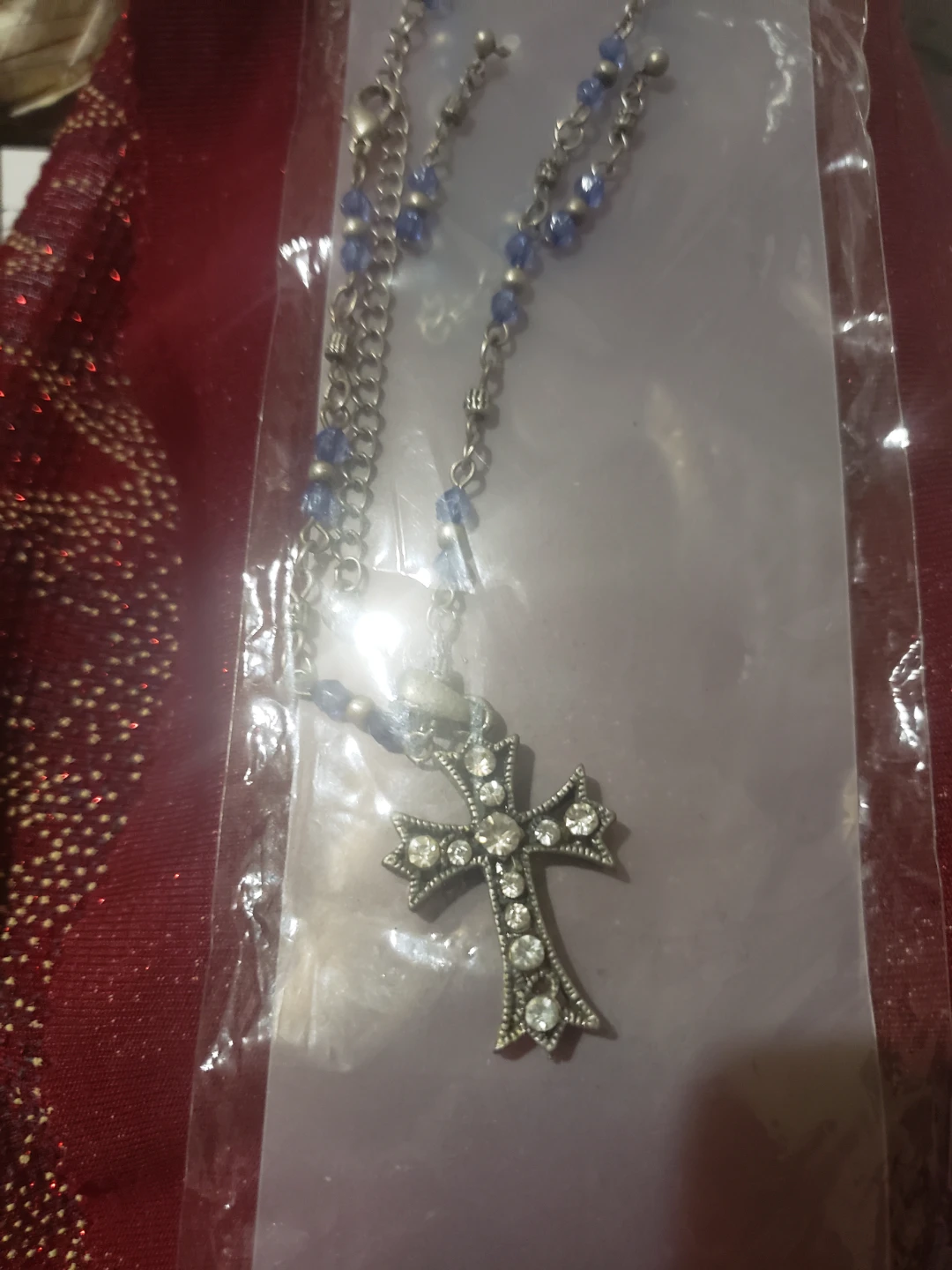 Cross Pendant Necklace with Blue Beads and earrings